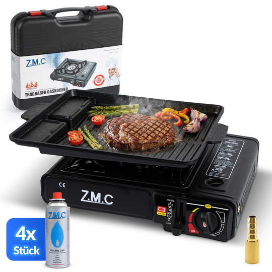 Z.M.C Campingkocher 1-flammig 2,2 kW mit Piezo-Zündung | Gaskocher mit LPG-Adapter, Koffer &amp; optionaler Grillplatte + Gaskartuschen
