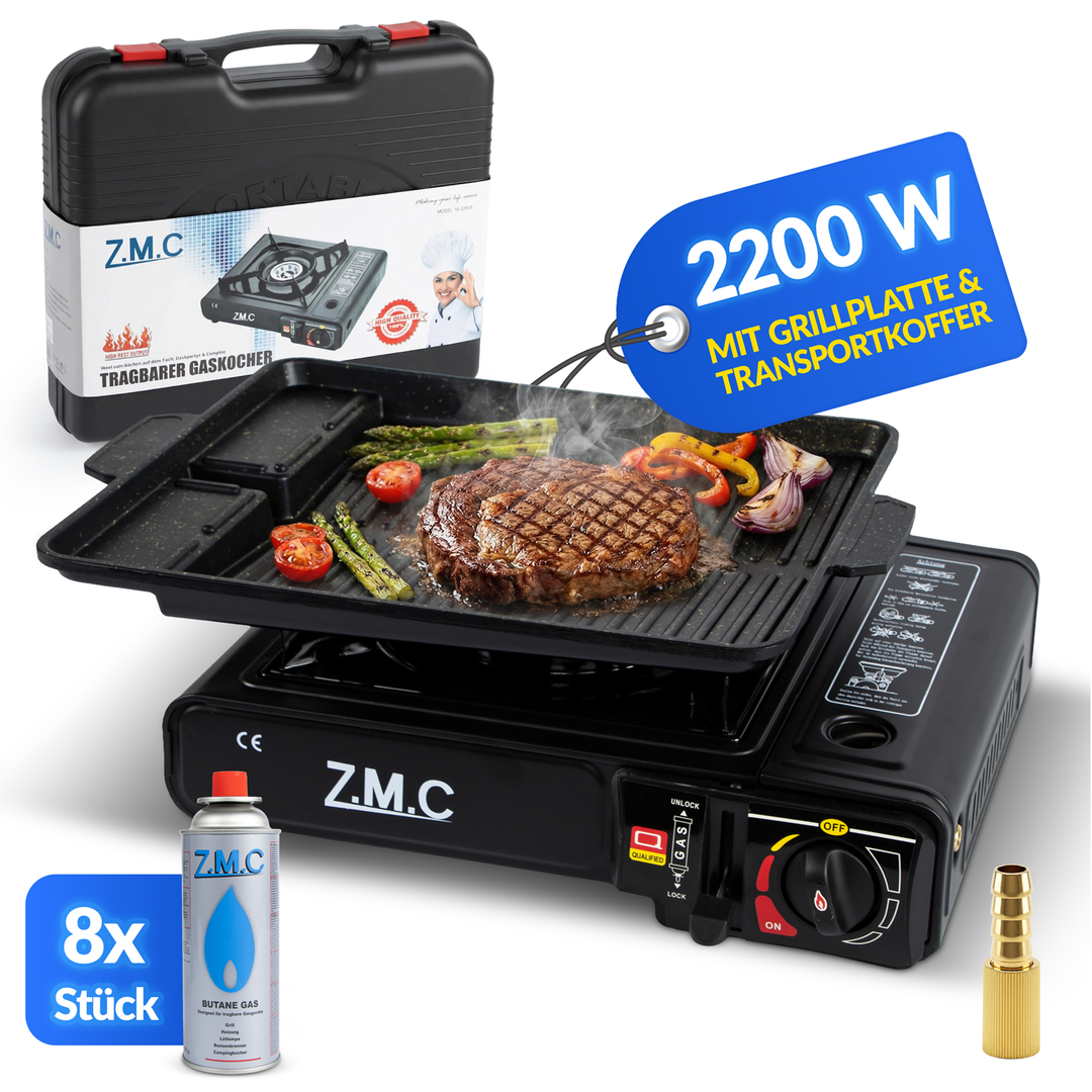 Z.M.C Campingkocher 1-flammig 2,2 kW mit Piezo-Zündung | Gaskocher mit LPG-Adapter, Koffer &amp; optionaler Grillplatte + Gaskartuschen