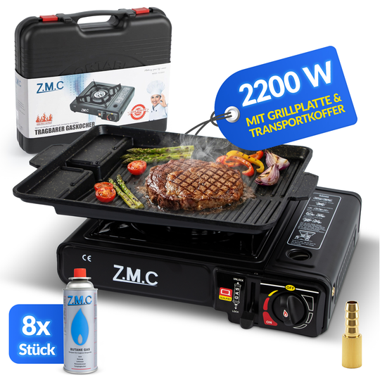 Z.M.C Campingkocher 1-flammig 2,2 kW mit Piezo-Zündung | Gaskocher mit LPG-Adapter, Koffer &amp; optionaler Grillplatte + Gaskartuschen
