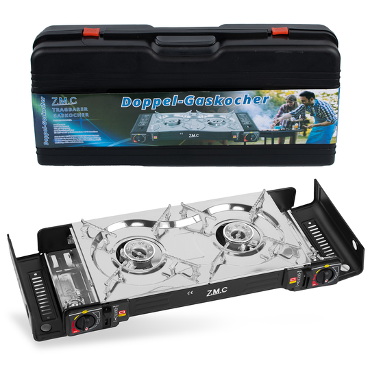 Z.M.C Edelstahl Campingkocher 2-flammig 2,5 kW mit Piezo-Zündung | LPG-Adapter, Koffer &amp; optionaler Grillplatte + Gaskartuschen