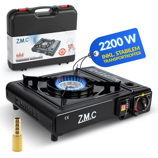 Z.M.C Campingkocher 1-flammig 2,2 kW mit Piezo-Zündung | Gaskocher mit LPG-Adapter, Koffer &amp; optionaler Grillplatte + Gaskartuschen