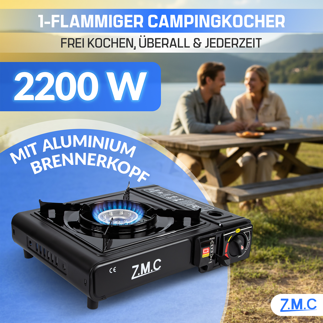 Z.M.C Campingkocher 1-flammig 2,2 kW mit Piezo-Zündung | Gaskocher mit LPG-Adapter, Koffer &amp; optionaler Grillplatte + Gaskartuschen