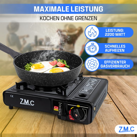 Z.M.C Campingkocher 1-flammig 2,2 kW mit Piezo-Zündung | Gaskocher mit LPG-Adapter, Koffer &amp; optionaler Grillplatte + Gaskartuschen