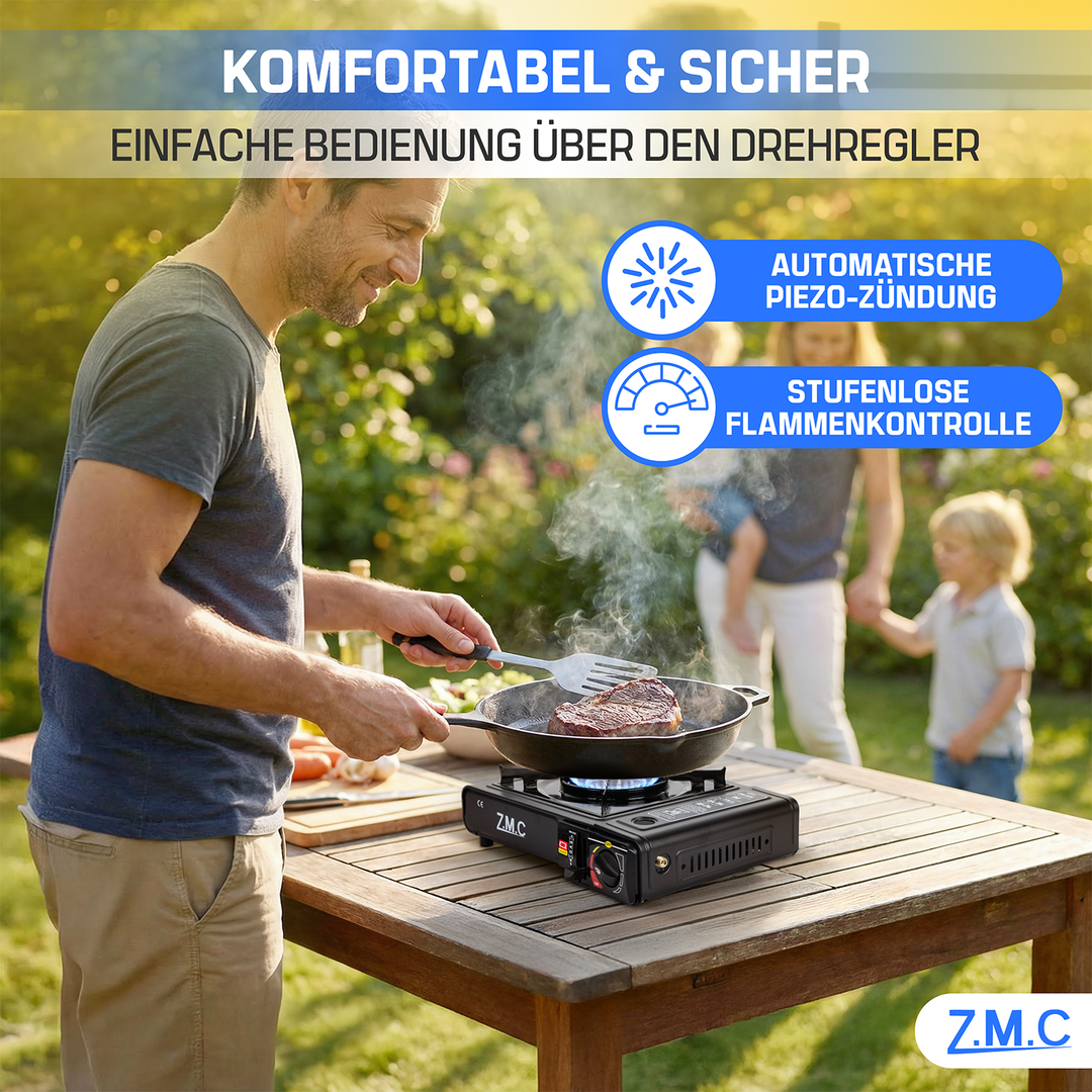 Z.M.C Campingkocher 1-flammig 2,2 kW mit Piezo-Zündung | Gaskocher mit LPG-Adapter, Koffer &amp; optionaler Grillplatte + Gaskartuschen