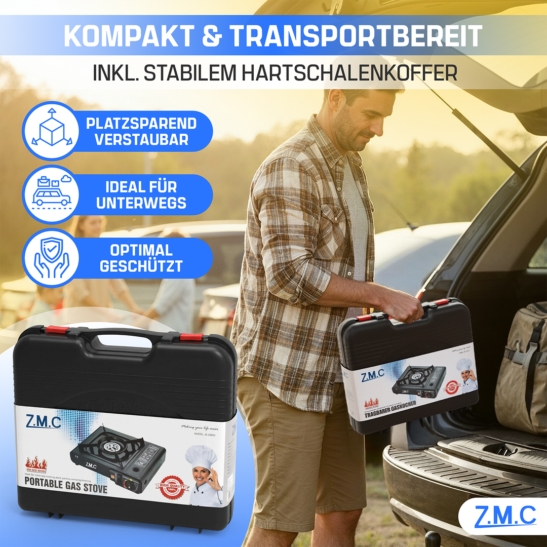 Z.M.C Campingkocher 1-flammig 2,2 kW mit Piezo-Zündung | Gaskocher mit LPG-Adapter, Koffer &amp; optionaler Grillplatte + Gaskartuschen