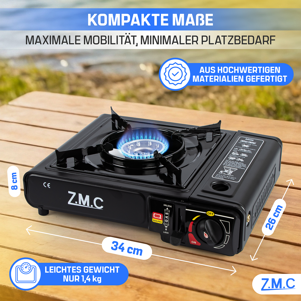 Z.M.C Campingkocher 1-flammig 2,2 kW mit Piezo-Zündung | Gaskocher mit LPG-Adapter, Koffer & optionaler Grillplatte + Gaskartuschen