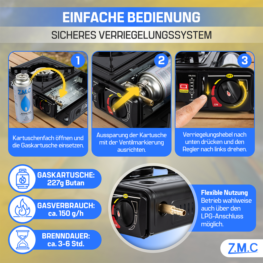 Z.M.C Campingkocher 1-flammig 2,2 kW mit Piezo-Zündung | Gaskocher mit LPG-Adapter, Koffer &amp; optionaler Grillplatte + Gaskartuschen