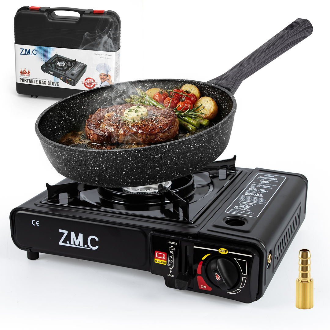 Z.M.C Campingkocher 1-flammig 2,2 kW mit Piezo-Zündung | Gaskocher mit LPG-Adapter, Koffer &amp; optionaler Grillplatte + Gaskartuschen