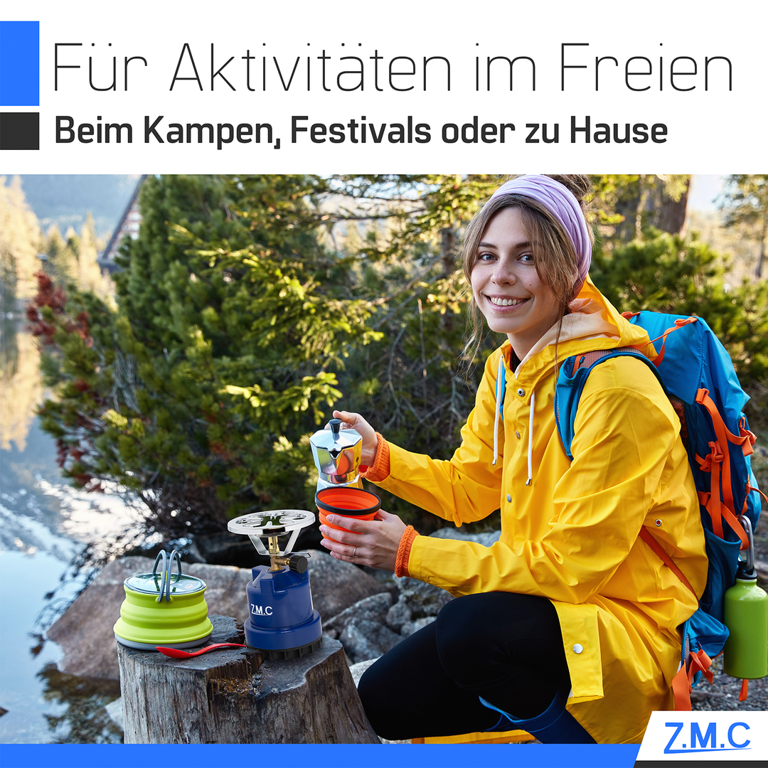 Z.M.C Campingkocher 1100 W | tragbarer Gaskocher &amp; Kohleanzünder für 190g Stechkartuschen, + optionale Gaskartuschen für Outdoor