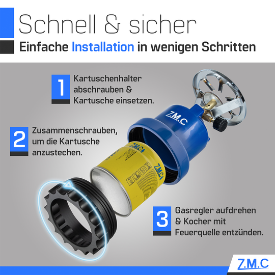 Z.M.C Campingkocher 1100 W | tragbarer Gaskocher &amp; Kohleanzünder für 190g Stechkartuschen, + optionale Gaskartuschen für Outdoor