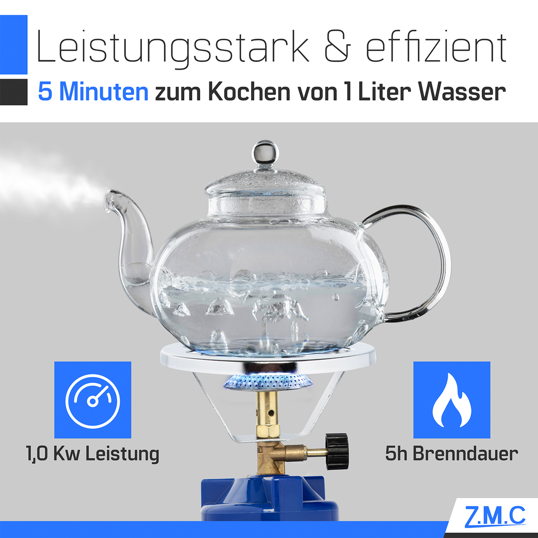 Z.M.C Campingkocher 1100 W | tragbarer Gaskocher &amp; Kohleanzünder für 190g Stechkartuschen, + optionale Gaskartuschen für Outdoor