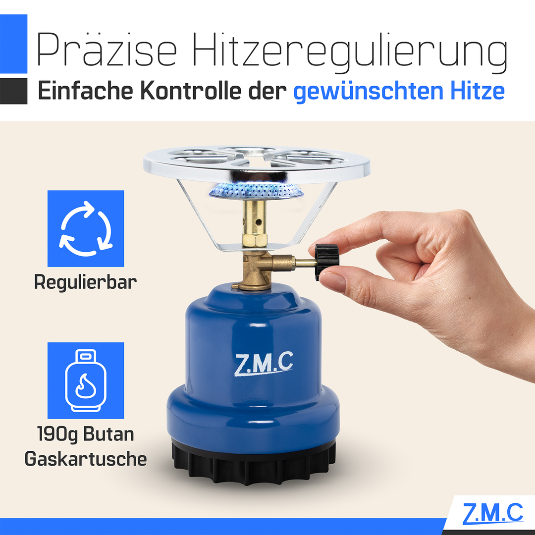 Z.M.C Campingkocher 1100 W | tragbarer Gaskocher &amp; Kohleanzünder für 190g Stechkartuschen, + optionale Gaskartuschen für Outdoor