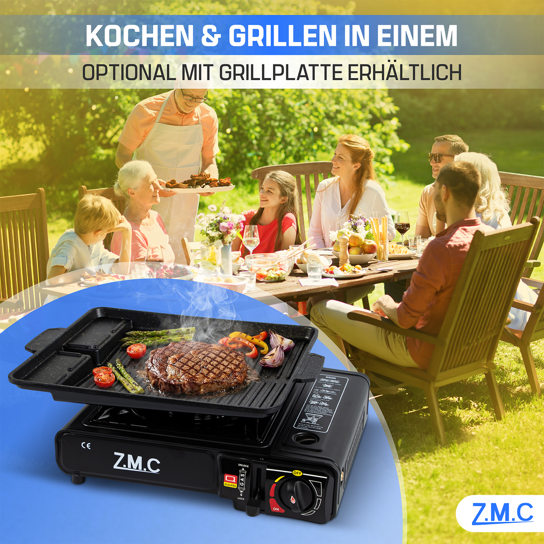 Z.M.C Campingkocher 1-flammig 2,2 kW mit Piezo-Zündung | Gaskocher mit LPG-Adapter, Koffer &amp; optionaler Grillplatte + Gaskartuschen
