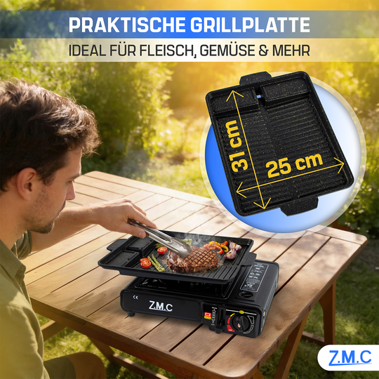 Z.M.C Campingkocher 1-flammig 2,2 kW mit Piezo-Zündung | Gaskocher mit LPG-Adapter, Koffer &amp; optionaler Grillplatte + Gaskartuschen