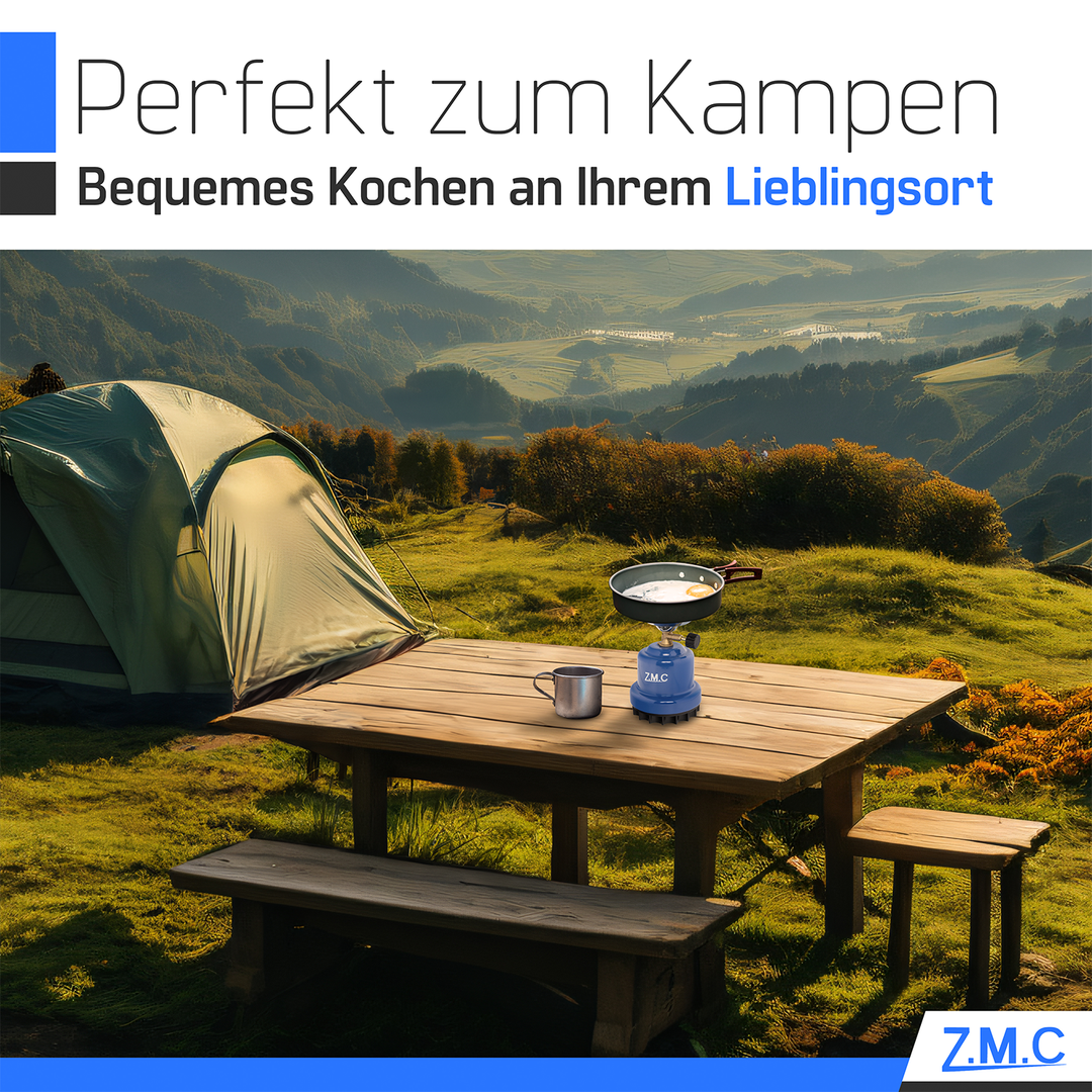 Z.M.C Mini Campingkocher 1-flammig 1100 W | Kompakter Gaskocher &amp; Kohleanzünder für Camping, Festival &amp; Wandern, + optionale 190g Kartuschen