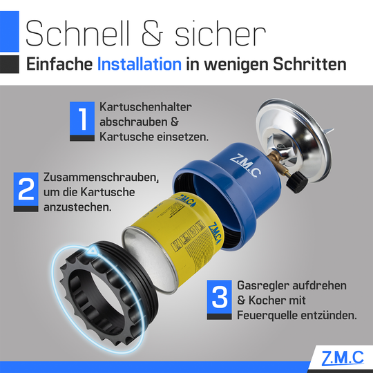 Z.M.C Mini Campingkocher 1-flammig 1100 W | Kompakter Gaskocher &amp; Kohleanzünder für Camping, Festival &amp; Wandern, + optionale 190g Kartuschen