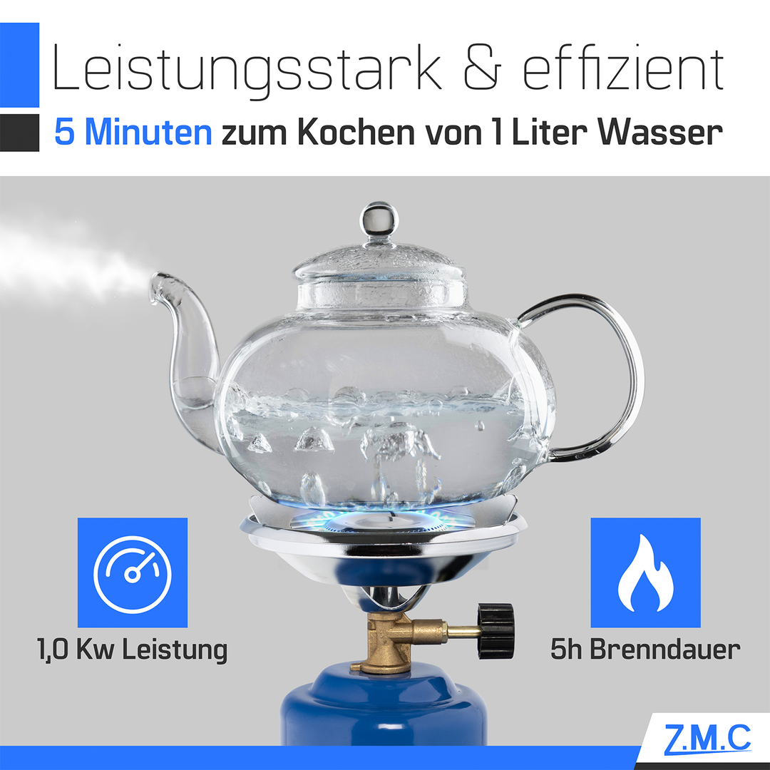Z.M.C Mini Campingkocher 1-flammig 1100 W | Kompakter Gaskocher &amp; Kohleanzünder für Camping, Festival &amp; Wandern, + optionale 190g Kartuschen