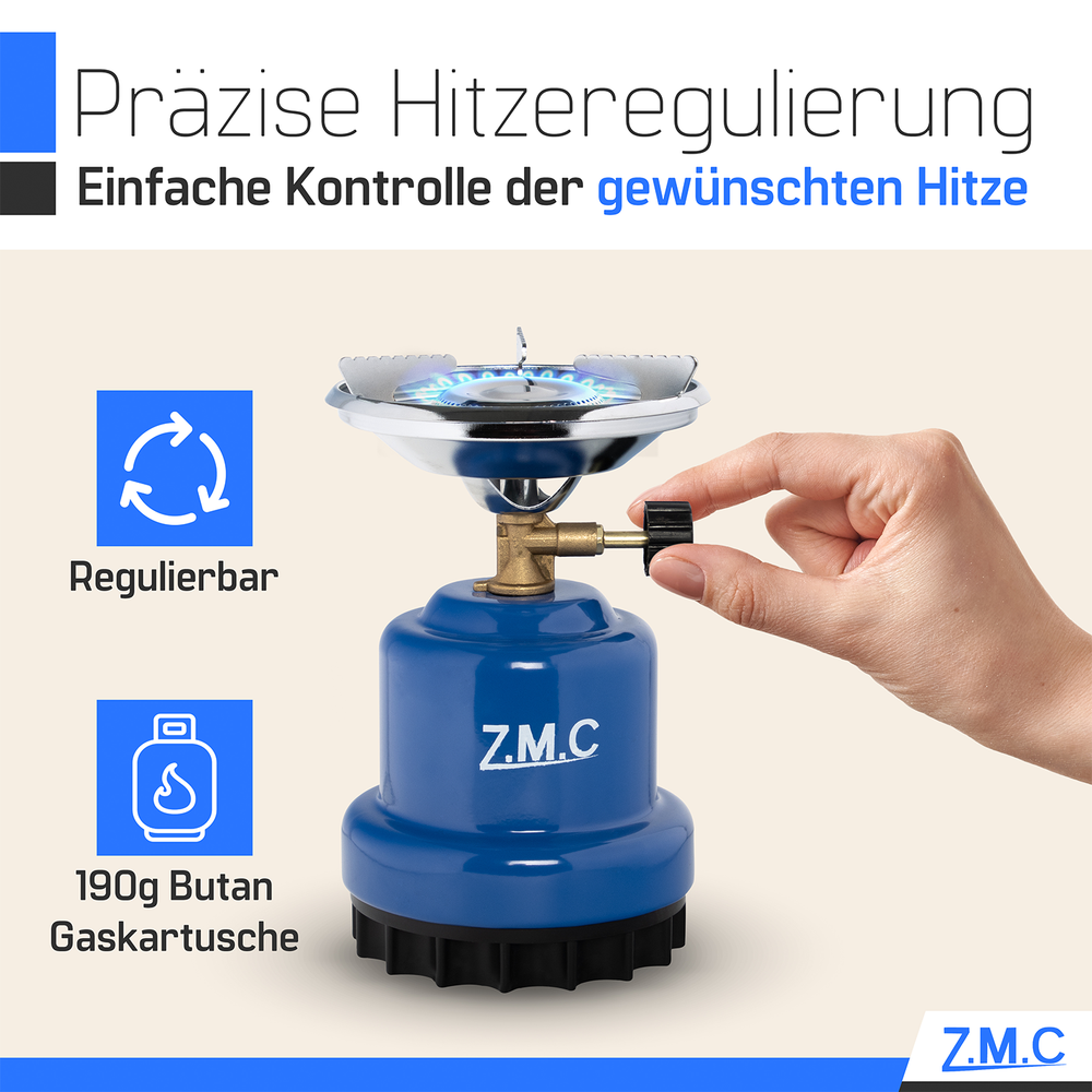 Z.M.C Mini Campingkocher 1-flammig 1100 W | Kompakter Gaskocher & Kohleanzünder für Camping, Festival & Wandern, + optionale 190g Kartuschen