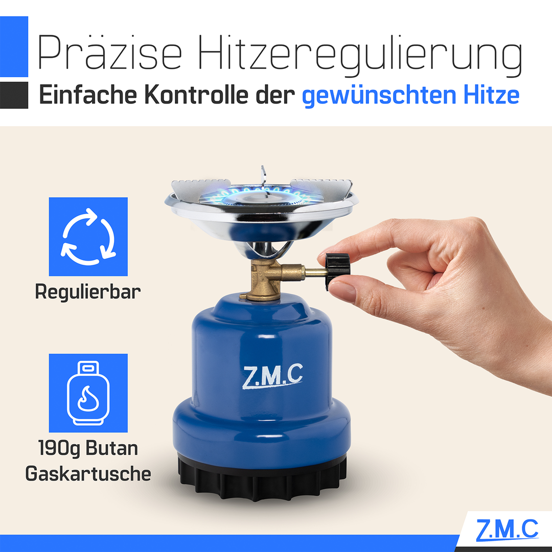 Z.M.C Mini Campingkocher 1-flammig 1100 W | Kompakter Gaskocher &amp; Kohleanzünder für Camping, Festival &amp; Wandern, + optionale 190g Kartuschen