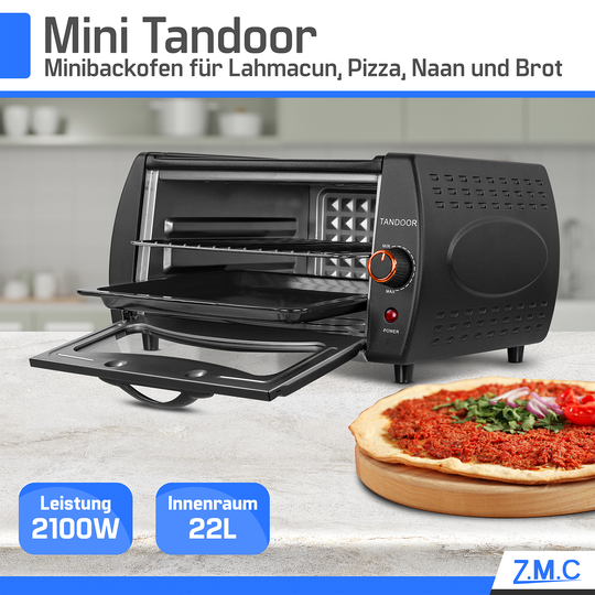 ZMC Mini Tandoor Backofen 2100W – 22L Minibackofen für Lahmacun, Pizza, Fladenbrot &amp; Naan | Kompakt &amp; leistungsstark | inkl. Grillrost &amp; Backblech | Ideal für Küche &amp; schnelles Aufheizen