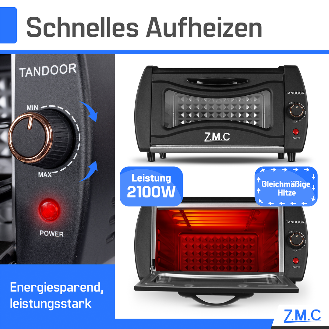 ZMC Mini Tandoor Backofen 2100W – 22L Minibackofen für Lahmacun, Pizza, Fladenbrot &amp; Naan | Kompakt &amp; leistungsstark | inkl. Grillrost &amp; Backblech | Ideal für Küche &amp; schnelles Aufheizen