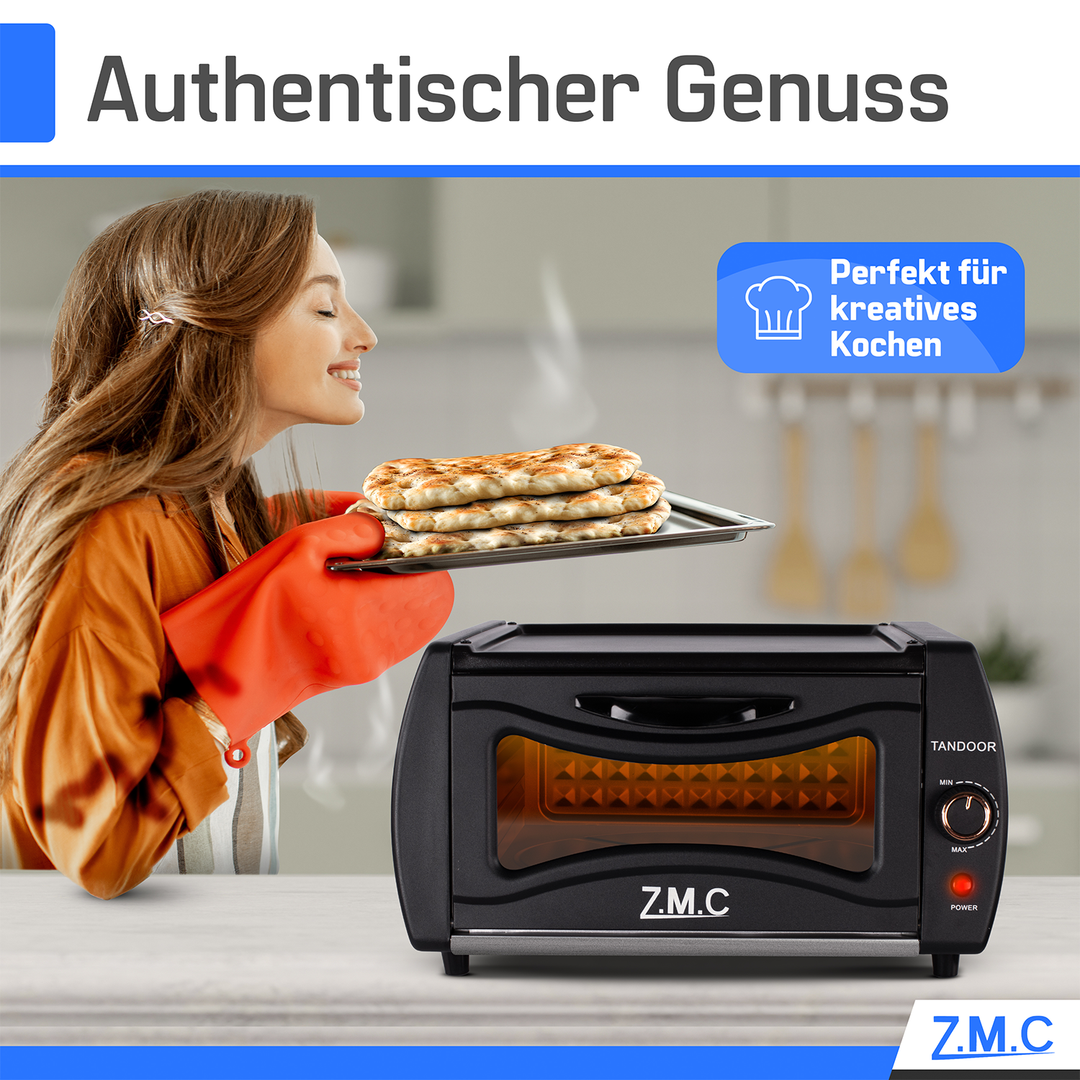ZMC Mini Tandoor Backofen 2100W – 22L Minibackofen für Lahmacun, Pizza, Fladenbrot &amp; Naan | Kompakt &amp; leistungsstark | inkl. Grillrost &amp; Backblech | Ideal für Küche &amp; schnelles Aufheizen