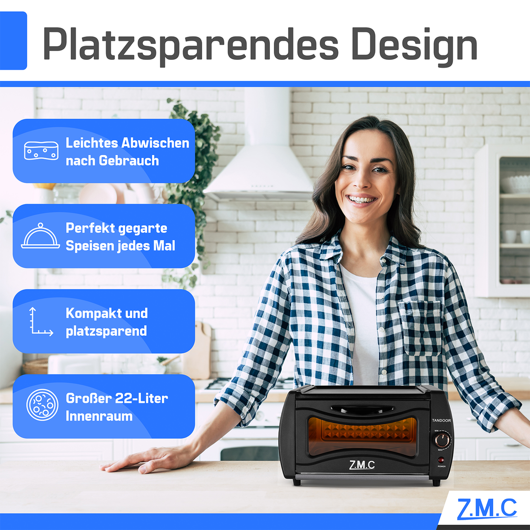 ZMC Mini Tandoor Backofen 2100W – 22L Minibackofen für Lahmacun, Pizza, Fladenbrot &amp; Naan | Kompakt &amp; leistungsstark | inkl. Grillrost &amp; Backblech | Ideal für Küche &amp; schnelles Aufheizen