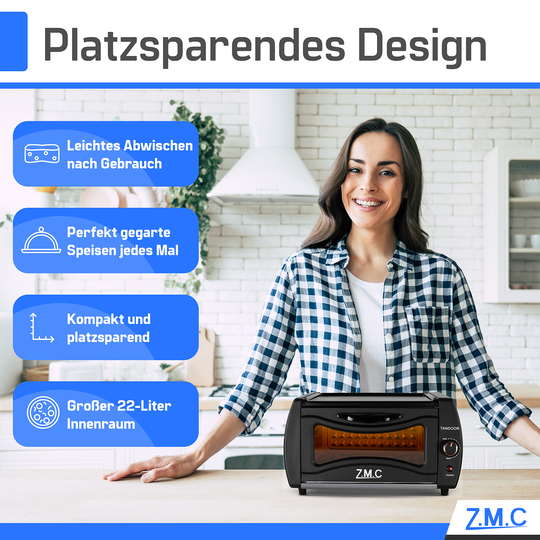 ZMC Mini Tandoor Backofen 2100W – 22L Minibackofen für Lahmacun, Pizza, Fladenbrot &amp; Naan | Kompakt &amp; leistungsstark | inkl. Grillrost &amp; Backblech | Ideal für Küche &amp; schnelles Aufheizen