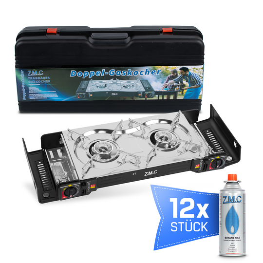 Z.M.C Edelstahl Campingkocher 2-flammig 2,5 kW mit Piezo-Zündung | LPG-Adapter, Koffer &amp; optionaler Grillplatte + Gaskartuschen
