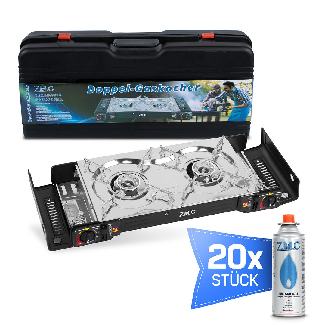 Z.M.C Edelstahl Campingkocher 2-flammig 2,5 kW mit Piezo-Zündung | LPG-Adapter, Koffer &amp; optionaler Grillplatte + Gaskartuschen