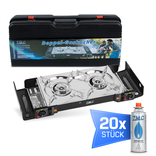 Z.M.C Edelstahl Campingkocher 2-flammig 2,5 kW mit Piezo-Zündung | LPG-Adapter, Koffer &amp; optionaler Grillplatte + Gaskartuschen