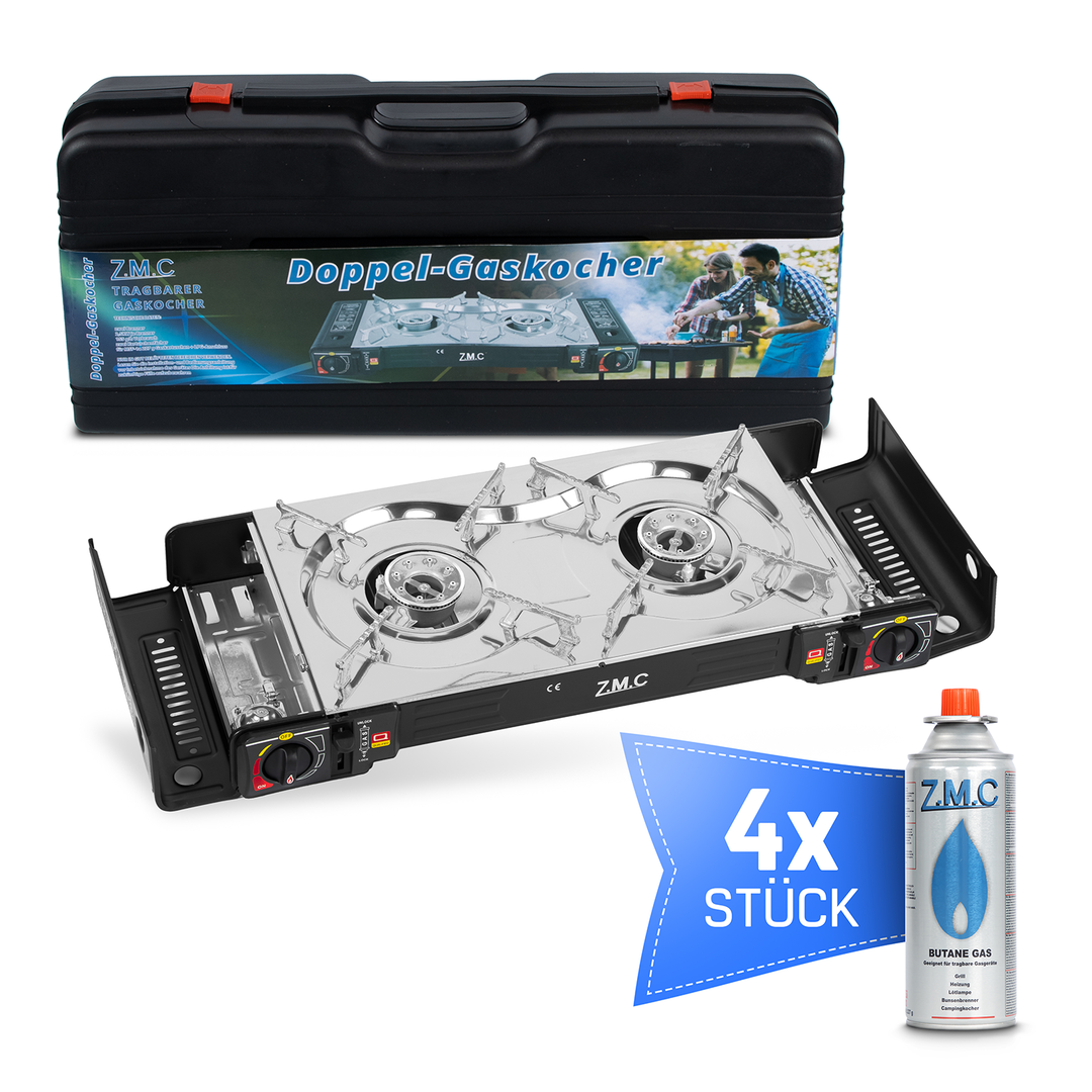 Z.M.C Edelstahl Campingkocher 2-flammig 2,5 kW mit Piezo-Zündung | LPG-Adapter, Koffer &amp; optionaler Grillplatte + Gaskartuschen