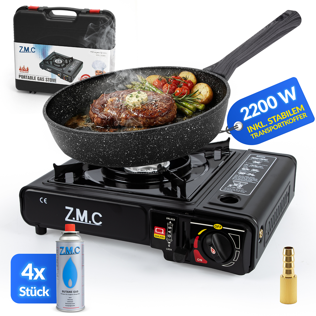 Z.M.C Campingkocher 1-flammig 2,2 kW mit Piezo-Zündung | Gaskocher mit LPG-Adapter, Koffer &amp; optionaler Grillplatte + Gaskartuschen
