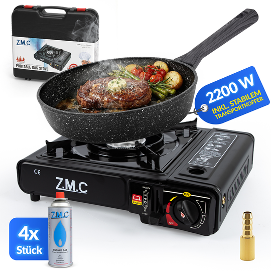Z.M.C Campingkocher 1-flammig 2,2 kW mit Piezo-Zündung | Gaskocher mit LPG-Adapter, Koffer &amp; optionaler Grillplatte + Gaskartuschen