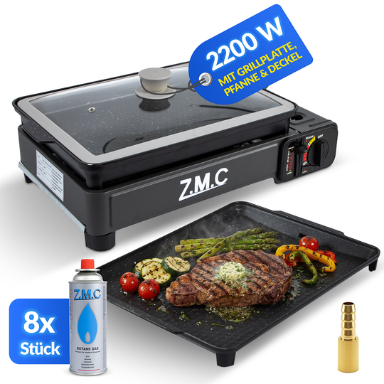 ZMC 2-in-1 Gaskocher &amp; Gasgrill 2,2 kW, wählbar mit Gaskartuschen, inkl. Grillplatte &amp; Pfanne mit Glasdeckel, tragbarer Campingkocher mit Piezo-Zündung für Balkon, Garten &amp; Outdoor