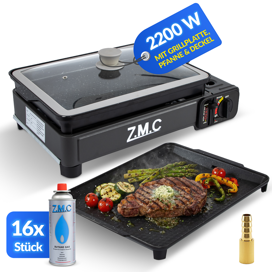 ZMC 2-in-1 Gaskocher &amp; Gasgrill 2,2 kW, wählbar mit Gaskartuschen, inkl. Grillplatte &amp; Pfanne mit Glasdeckel, tragbarer Campingkocher mit Piezo-Zündung für Balkon, Garten &amp; Outdoor