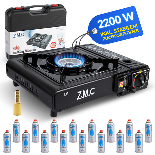 Z.M.C Campingkocher 1-flammig 2,2 kW mit Piezo-Zündung | Gaskocher mit LPG-Adapter, Koffer &amp; optionaler Grillplatte + Gaskartuschen