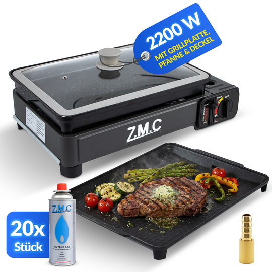 ZMC 2-in-1 Gaskocher &amp; Gasgrill 2,2 kW, wählbar mit Gaskartuschen, inkl. Grillplatte &amp; Pfanne mit Glasdeckel, tragbarer Campingkocher mit Piezo-Zündung für Balkon, Garten &amp; Outdoor