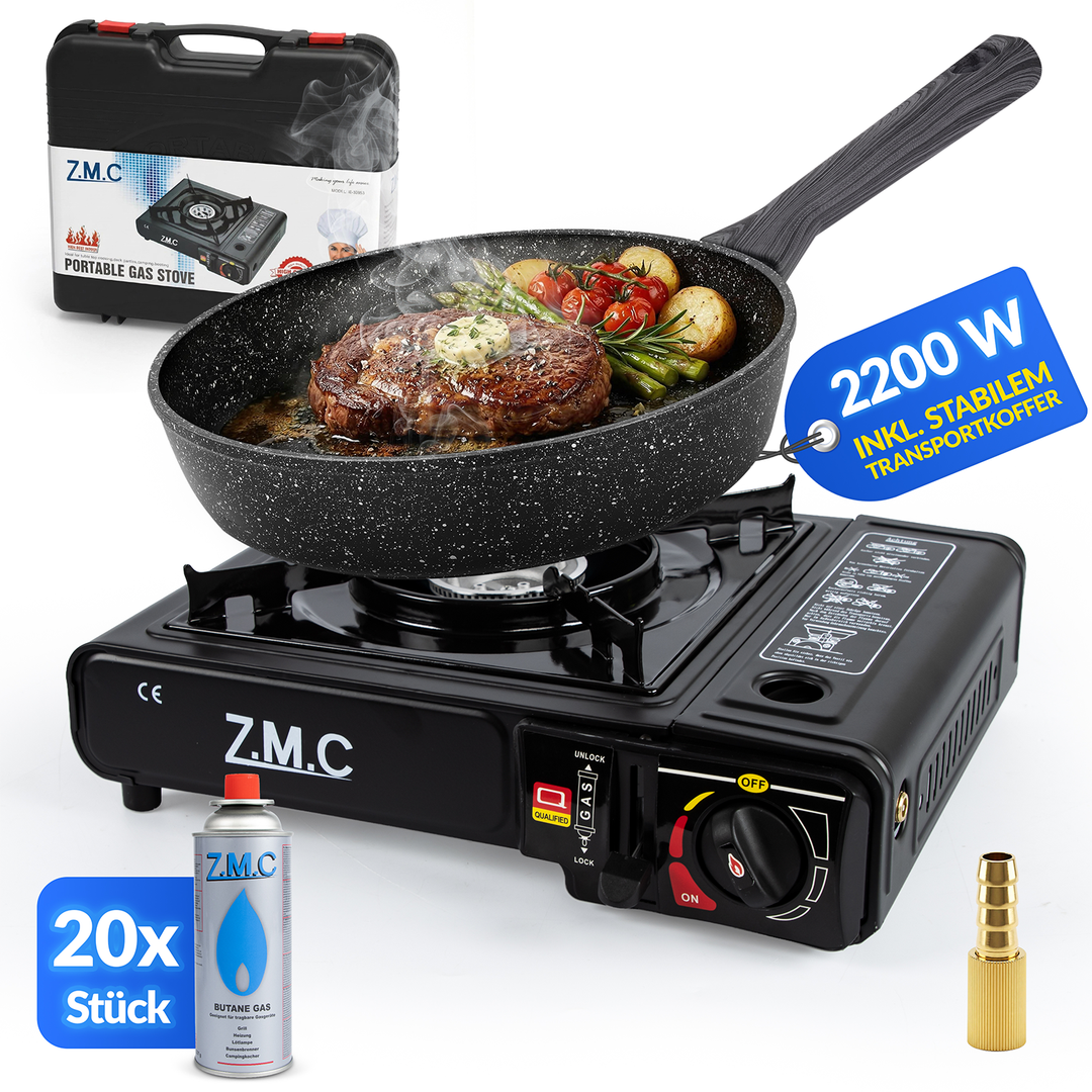 Z.M.C Campingkocher 1-flammig 2,2 kW mit Piezo-Zündung | Gaskocher mit LPG-Adapter, Koffer &amp; optionaler Grillplatte + Gaskartuschen