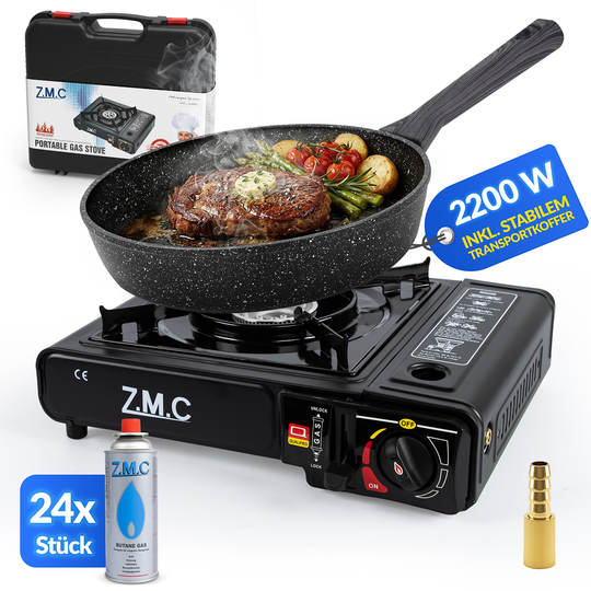 Z.M.C Campingkocher 1-flammig 2,2 kW mit Piezo-Zündung | Gaskocher mit LPG-Adapter, Koffer &amp; optionaler Grillplatte + Gaskartuschen