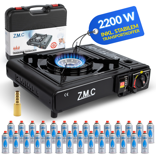 Z.M.C Campingkocher 1-flammig 2,2 kW mit Piezo-Zündung | Gaskocher mit LPG-Adapter, Koffer &amp; optionaler Grillplatte + Gaskartuschen