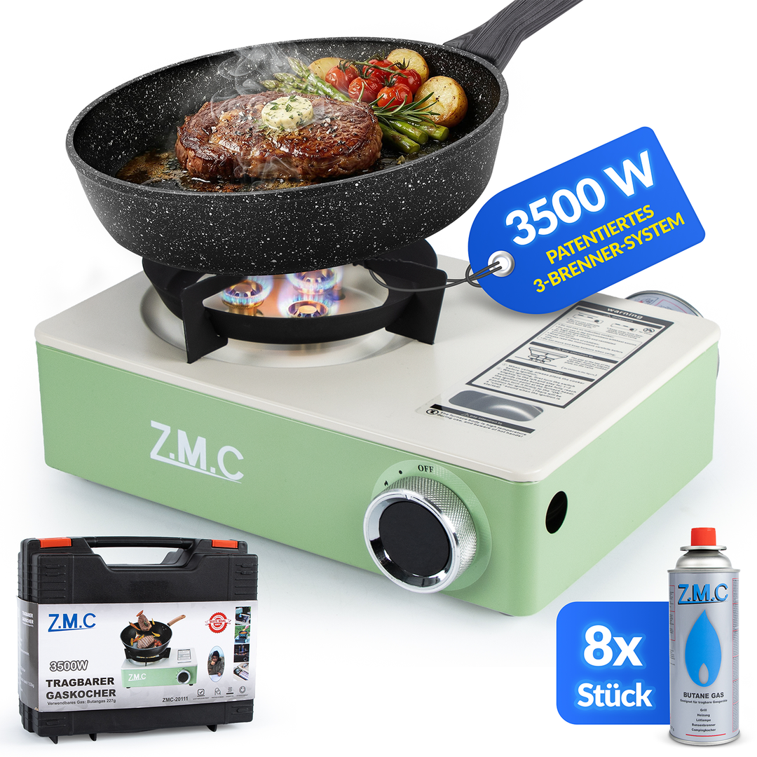 ZMC Camping Stove 1-Burner 3500W with 3-Burner System &amp; Piezo Ignition – Portable Gas Stove with Carrying Case, 1.4 kg