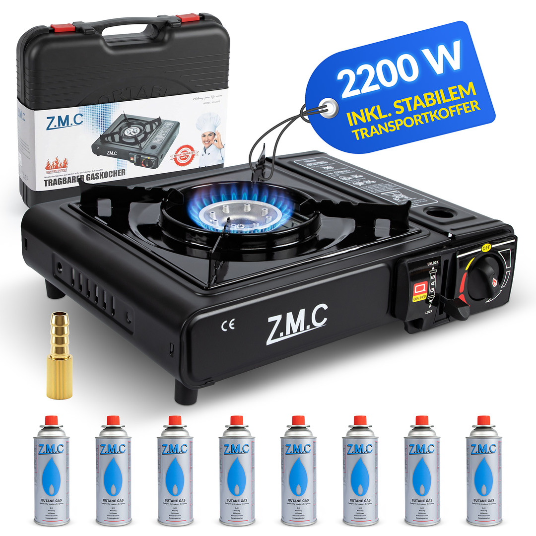 Z.M.C Campingkocher 1-flammig 2,2 kW mit Piezo-Zündung | Gaskocher mit LPG-Adapter, Koffer &amp; optionaler Grillplatte + Gaskartuschen