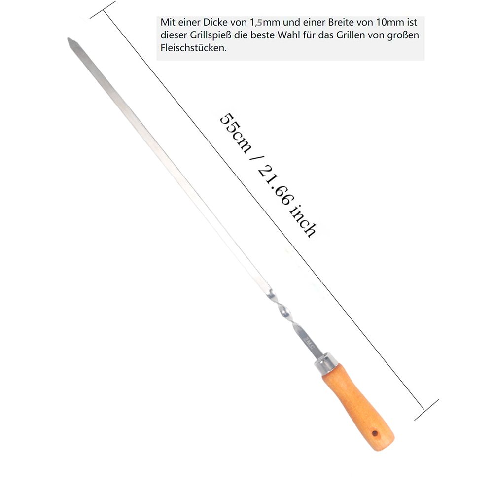 Z.M.C Grillspieße 55 cm Edelstahl mit Holzgriff | 1 cm breit, 1,5 mm dick, rostfrei für Schaschlik, Kebab, BBQ &amp; Lagerfeuer