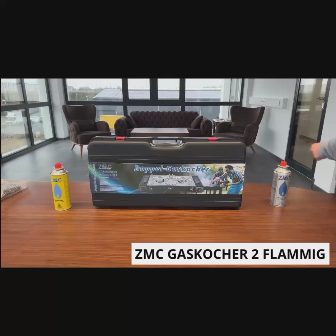 Z.M.C Edelstahl Campingkocher 2-flammig 2,5 kW mit Piezo-Zündung | LPG-Adapter, Koffer &amp; optionaler Grillplatte + Gaskartuschen