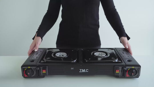 Z.M.C Campingkocher 2-flammig 2×2,3 kW mit Piezo-Zündung | Gaskocher mit LPG-Adapter &amp; Koffer, + optionale Grillplatte &amp; 227g Gaskartuschen