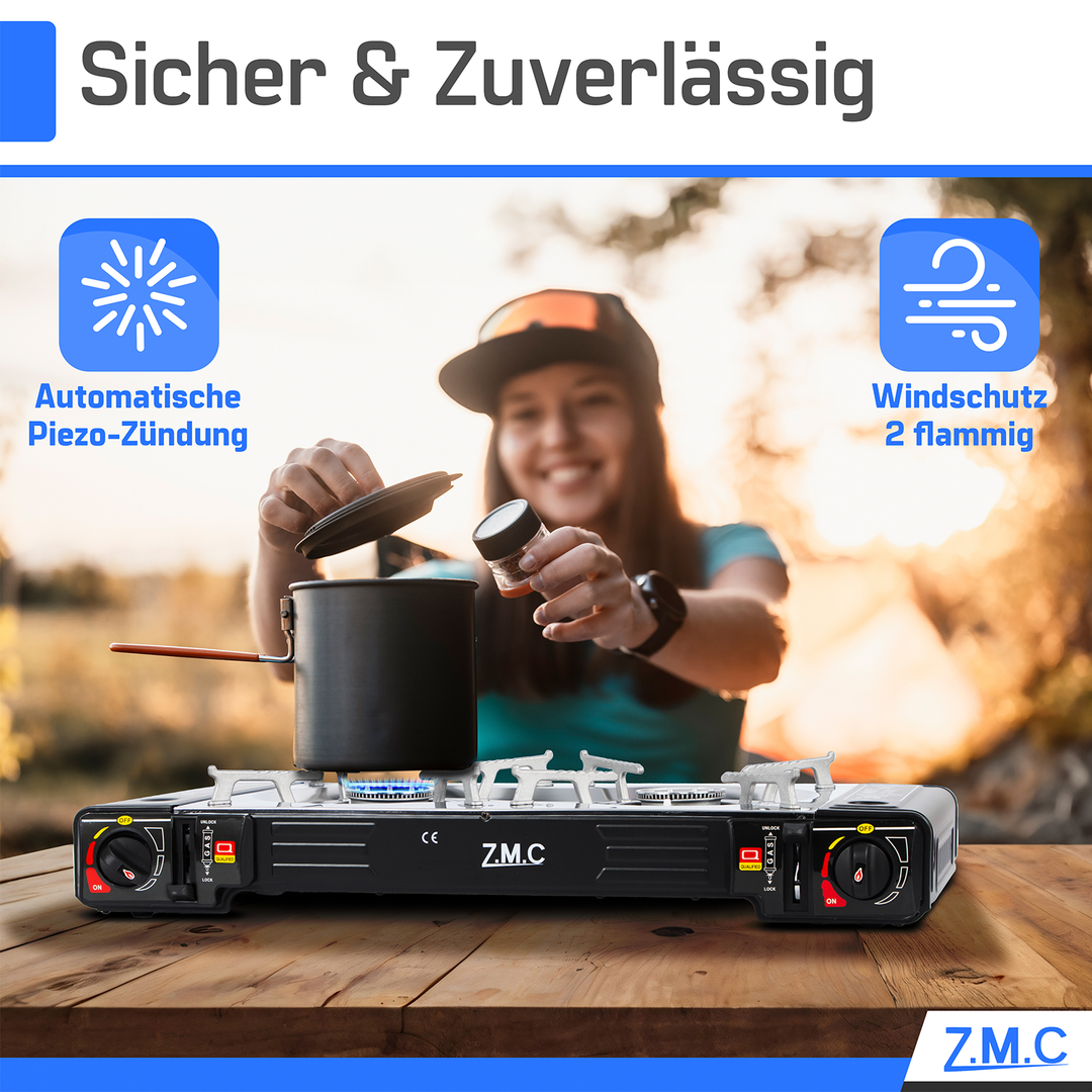 Z.M.C Edelstahl Campingkocher 2-flammig 2,5 kW mit Piezo-Zündung | LPG-Adapter, Koffer &amp; optionaler Grillplatte + Gaskartuschen