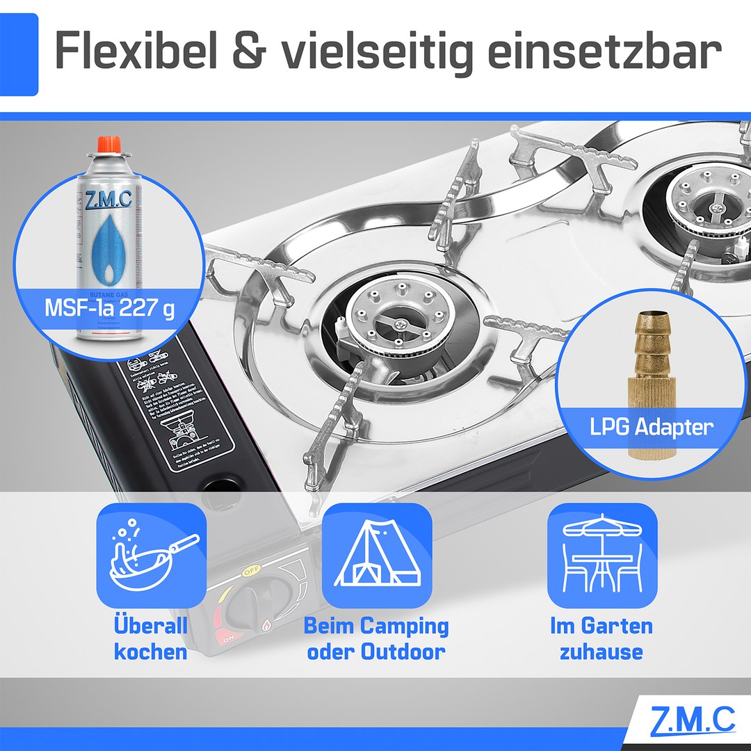 Z.M.C Edelstahl Campingkocher 2-flammig 2,5 kW mit Piezo-Zündung | LPG-Adapter, Koffer &amp; optionaler Grillplatte + Gaskartuschen