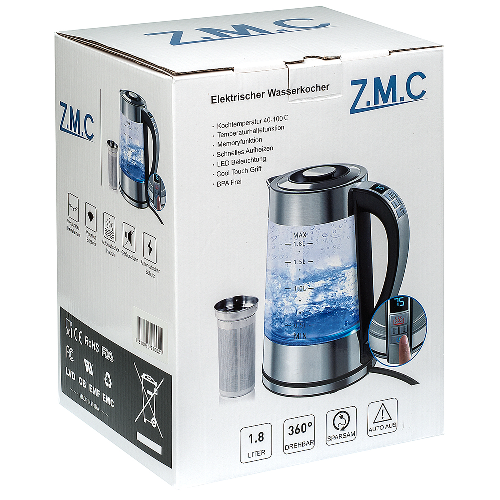 ZMC Wasserkocher mit Temperaturwahl Temperatureinstellung 40-100° C, Temperaturhaltefunktion, LED-Beleuchtung, 1,8 Liter, 360° drehbare Basis Gals, mit Teesieb