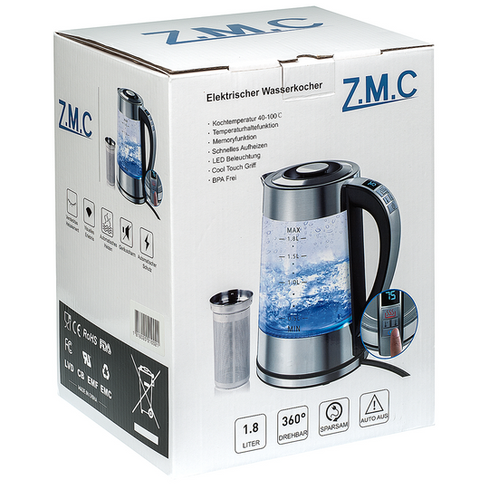 ZMC Wasserkocher mit Temperaturwahl Temperatureinstellung 40-100° C, Temperaturhaltefunktion, LED-Beleuchtung, 1,8 Liter, 360° drehbare Basis Gals, mit Teesieb